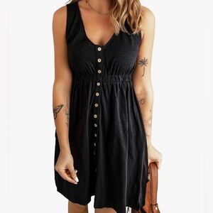 Ecrocoo V Neck Sleeveless Elastic Waist Tank Dress with Button Decor XL Black